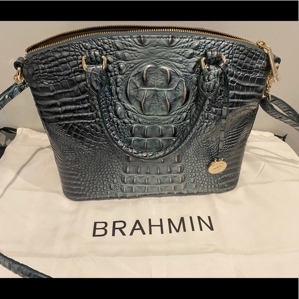 Brahmin Teal Croc-Embossed Leather Satchel with Gold Hardware